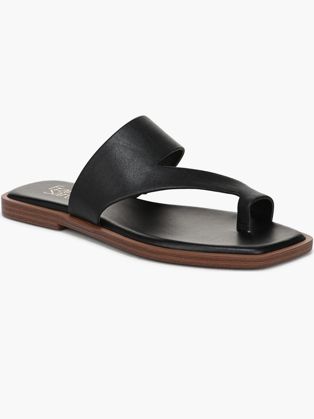 Franco Sarto Black Leather Toe-Loop Slide Sandals with Tan Trim